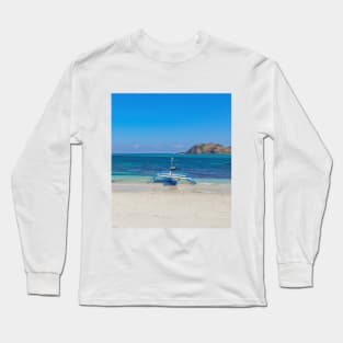 A paradise lagoon beach with a blue longtail boat Long Sleeve T-Shirt